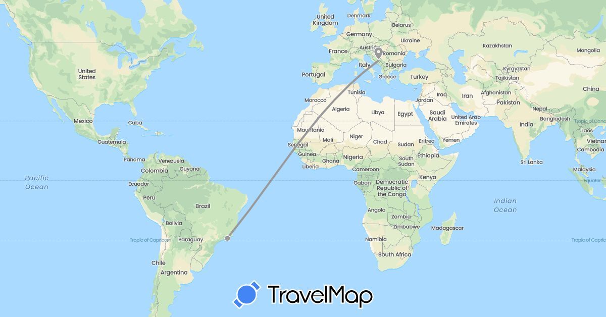 TravelMap itinerary: driving, plane in Bosnia and Herzegovina, Brazil (Europe, South America)